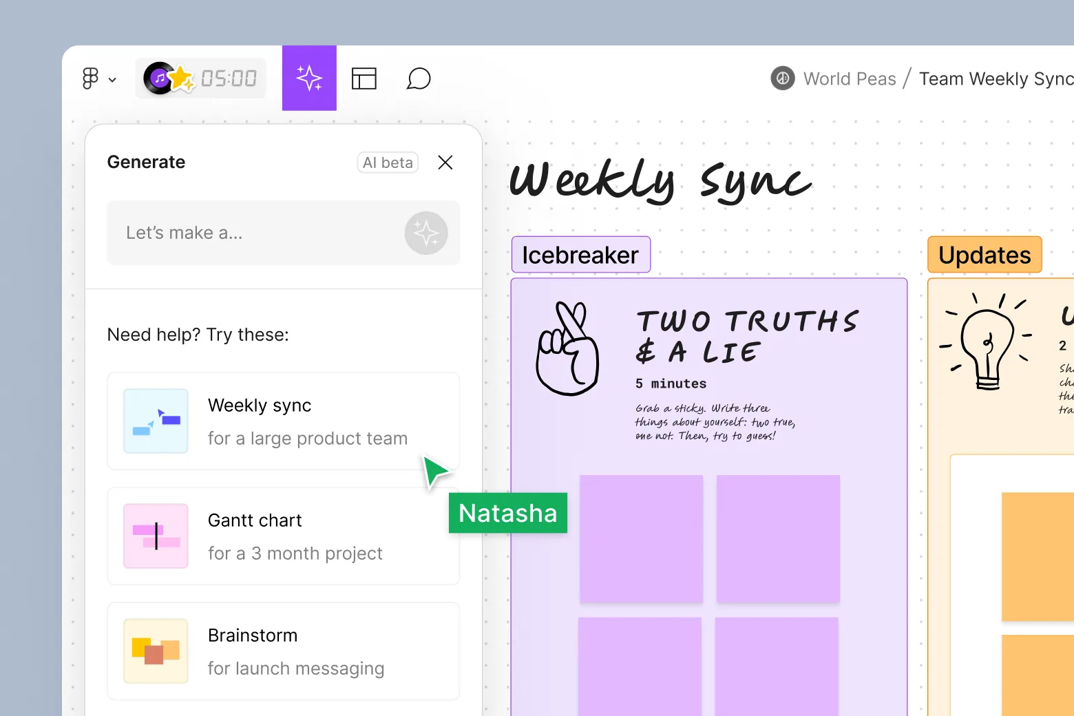 The FigJam AI Generate panel suggesting templates next to a Weekly Sync board