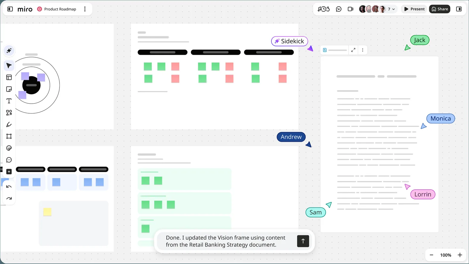 A Miro board with frames, sticky notes and a document, collaborator cursors, a Sidekick and an AI reply at the bottom