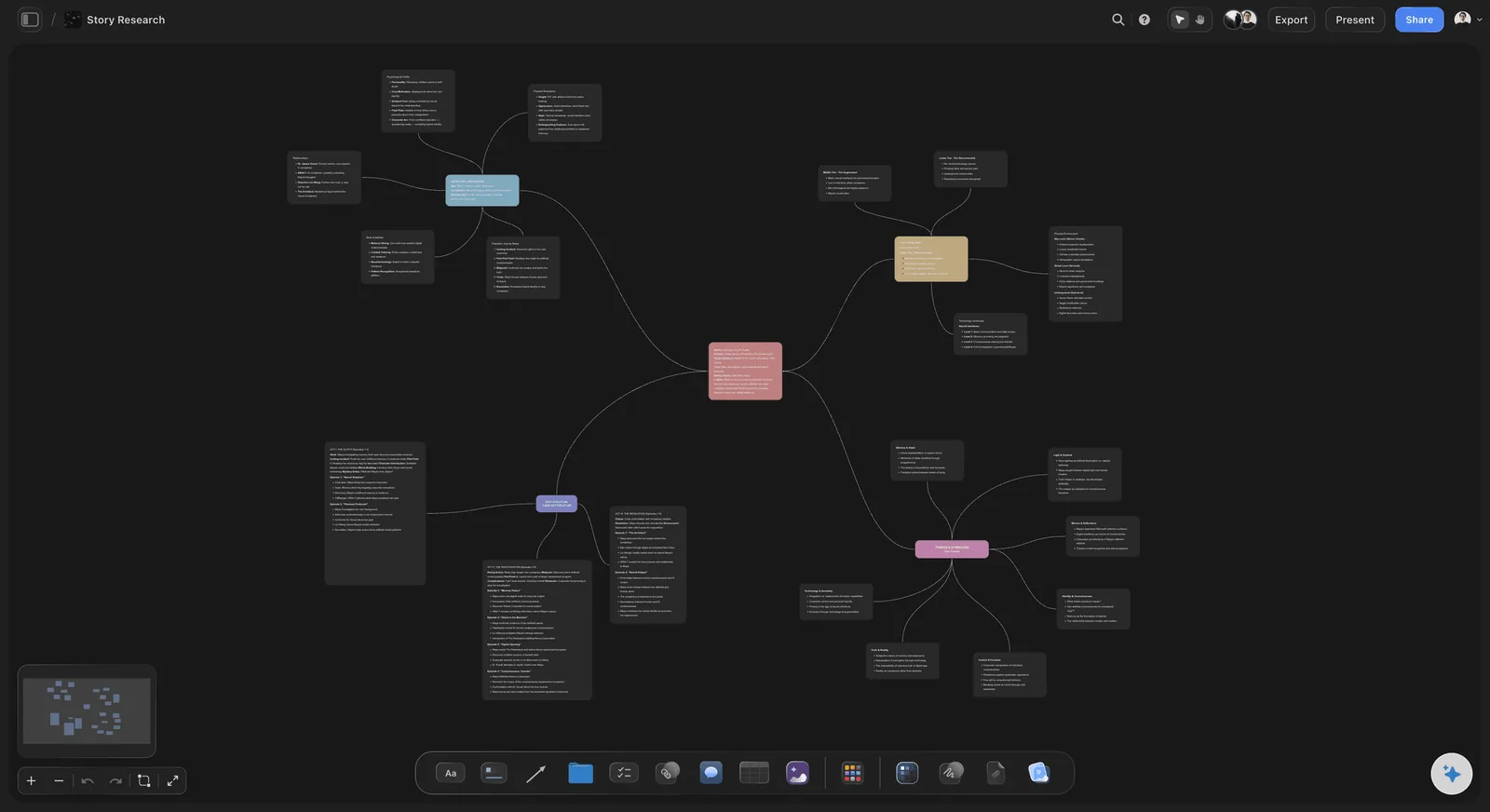 A Storyflow board in dark mode, laid out as a mind map of connected cards